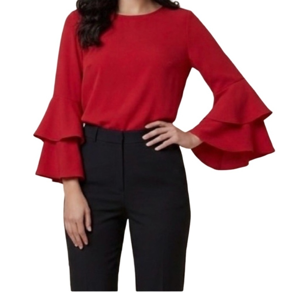 J. Crew Beautiful Rich Red Tiered Ruffle Bell Sleeve Top. Size 0.